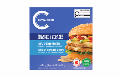 Package label for Compliments 100% Chicken Smashed burgers.