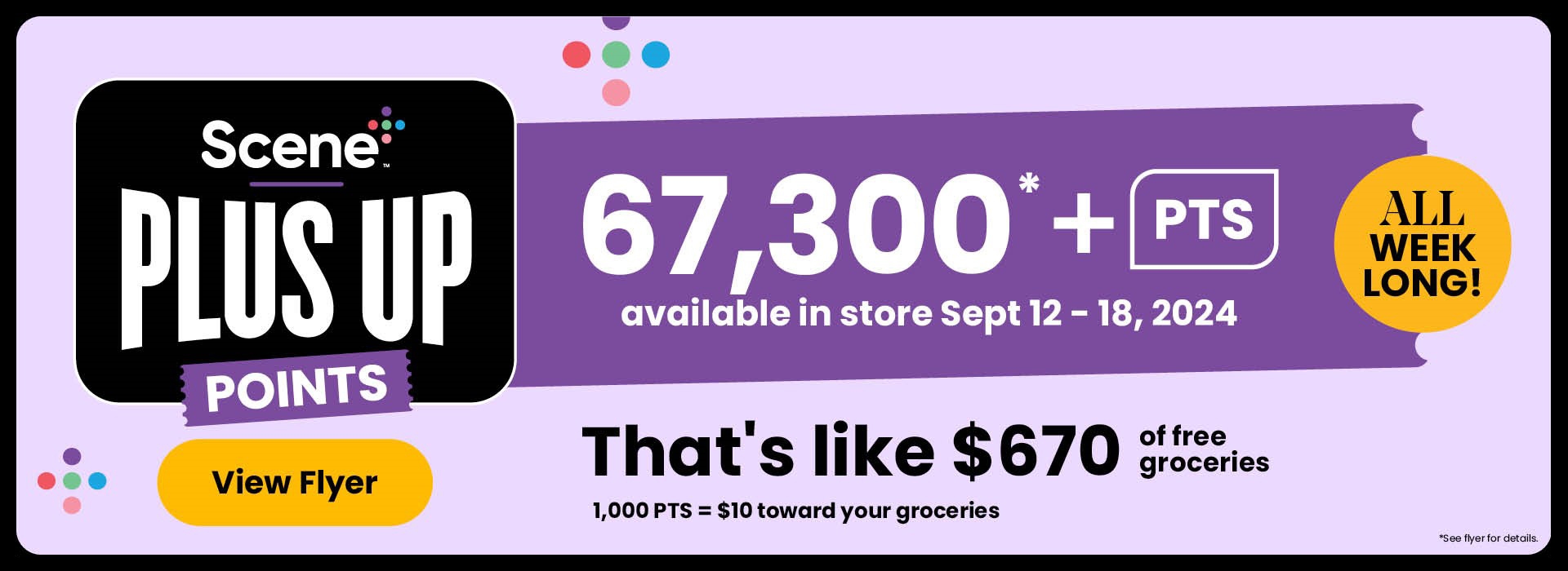 Over 67,000 points available in-store. That's like $670 toward your groceries. 1,000 PTS = $10 toward your groceres. See flyer or in-store for participating products.