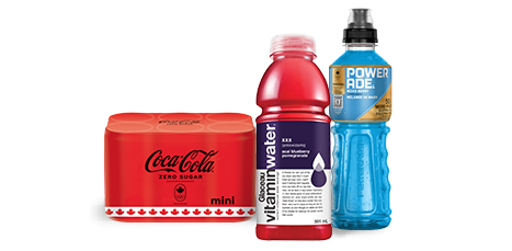 This image contains three products: Mini Coca-Cola cans, glucose vitamin water bottles, and Power Ade bottles.