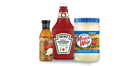 This image contains three kraft products in boxes: Pure, Heinz Tomato Ketchup, and Miracle Whip.