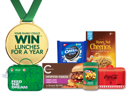 The following image contains the text: "Your family could win lunches for a year with these products from Sobeys: Oreo Biscuits, Honey Nut Cheerios, Stuffed Farcis, Kraft Smooth Cream, mini Coca-Cola cans, and Feed the Dream bag."