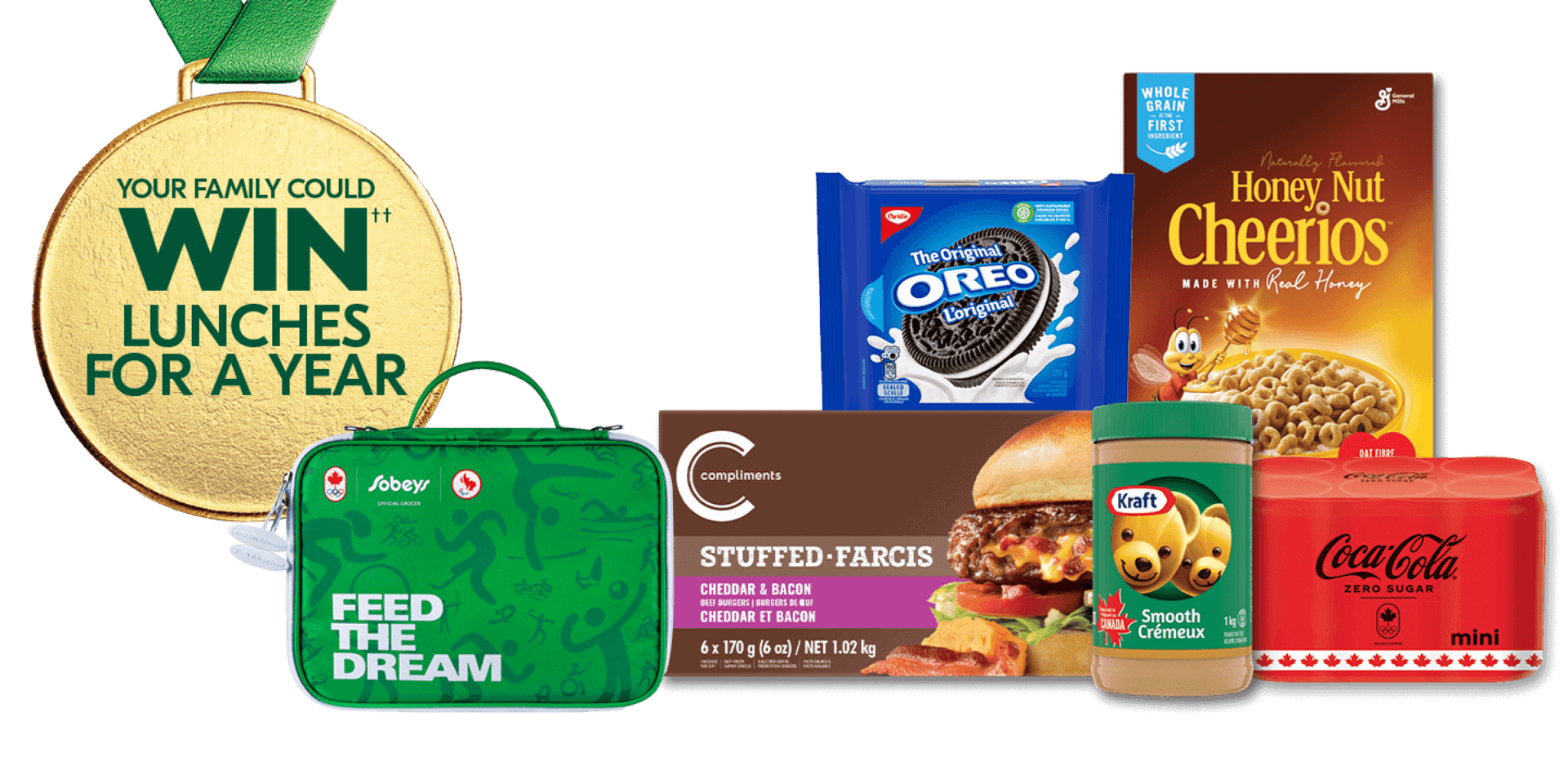 The following image contains the text: "Your family could win lunches for a year with these products from Sobeys: Oreo Biscuits, Honey Nut Cheerios, Stuffed Farcis, Kraft Smooth Cream, mini Coca-Cola cans, and Feed the Dream bag."