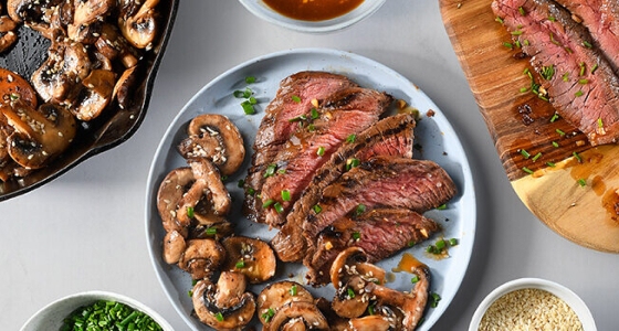 Miso glazed sirloin steak with roasted mushrooms