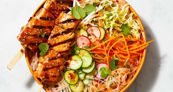 Teriyaki salmon skewer rice noodle saladÂ 