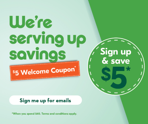 A promotional image with the text "We're Serving up Saving" and a $5 Welcome Coupon. "Sign me up for emails." A green circle states, "Sign up & Save $5."