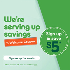 A promotional image with the text "We're Serving up Saving" and a $5 Welcome Coupon. "Sign me up for emails." A green circle states, "Sign up & Save $5."