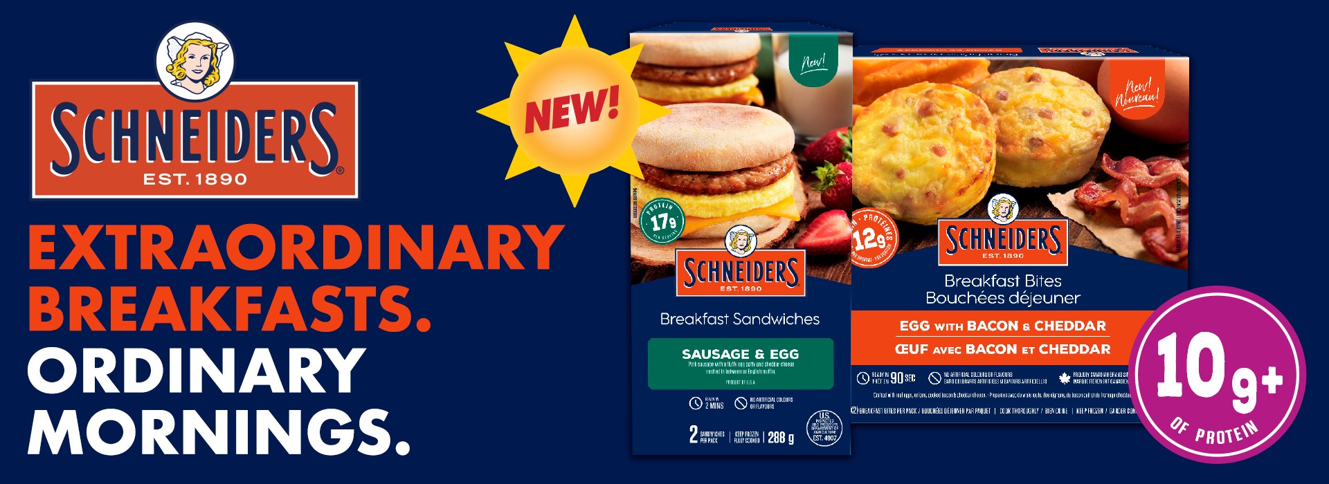 A box of Schneiders breakfast sandwiches in flavour sausage and egg and breakfast bites in flavour egg with bacon and cheddar with a logo and tagline