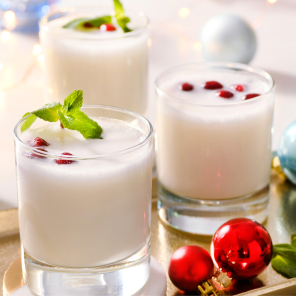 Three glasses of Frosty’s Margaritas on a gold serving tray