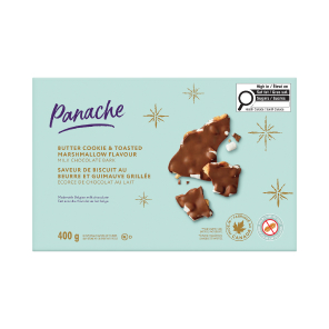 Box of Panache milk chocolate butter cookie and toasted marshmallow bark