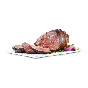 Prepared top sirloin roast on a cutting board with onion and sprigs of rosemary