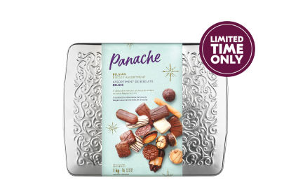 Panache Holiday Biscuit Tins with silver exterior. 