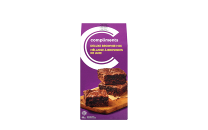 Compliments deluxe brownie mix in a purple package