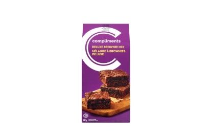 Compliments deluxe brownie mix in a purple package