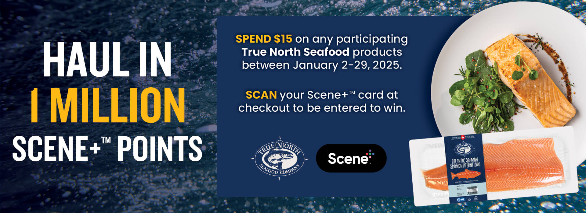 Haul in 1 million Scene+ points on the left and information about the contest with a plate of cooked salmon and raw salmon in the package on the right.