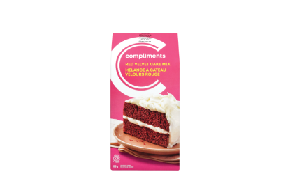 Compliments red velvet cake mix in pink packaging.