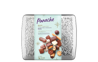 Panache Holiday Biscuit Tins with silver exterior.