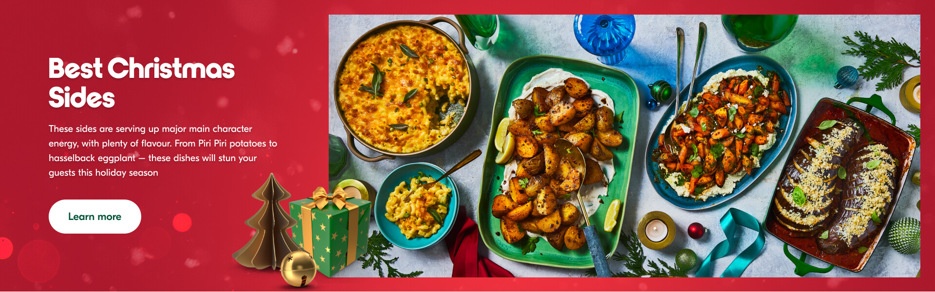 Overhead shot of side dishes like hasselback eggplant, mac and cheese, and piri piri potatoes