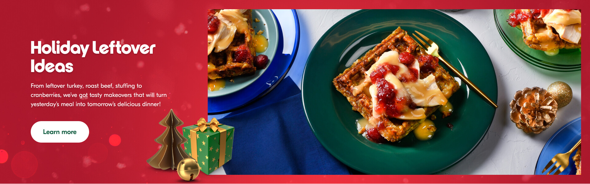 Overhead shot of holiday stuffing waffle topped with turkey, cranberry sauce and gravy.