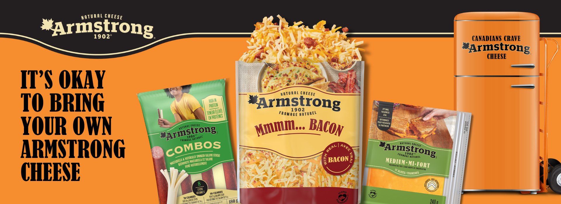 Top left is the Armstrong logo with three products underneath, a slogan, and a fridge that says Canadians Crave Armstrong Cheese