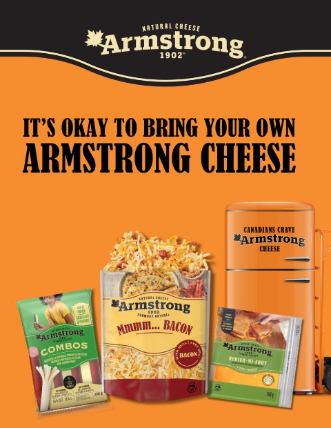 Top left is the Armstrong logo with three products underneath, a slogan, and a fridge that says Canadians Crave Armstrong Cheese