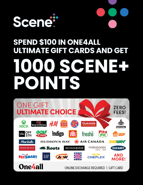 The right side of the image has the one for all gift card and the left side has the Scene logo and information about the offer