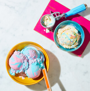 Scoops of Unicorn Twirl Ie Cream and Birthday Cake Flavour Light Ice Creams