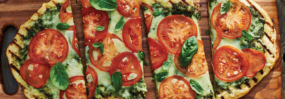 Grilled Tomato Pizza Summer Greens Pesto