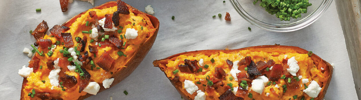 Maple Bacon GoatCheese Sweet Potatoes