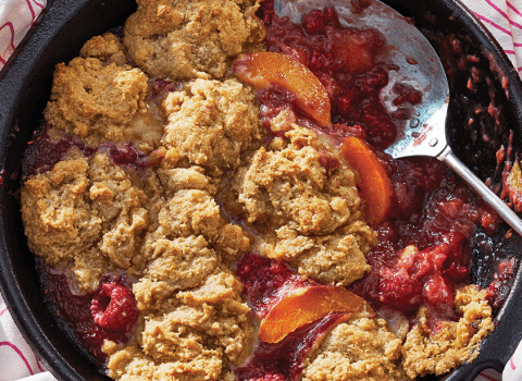 One-Skillet BBQ Peach & Raspberry Cobbler