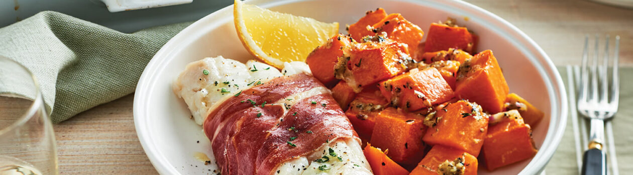 Recipe Serrano Wrapped Cod with Baked Squash