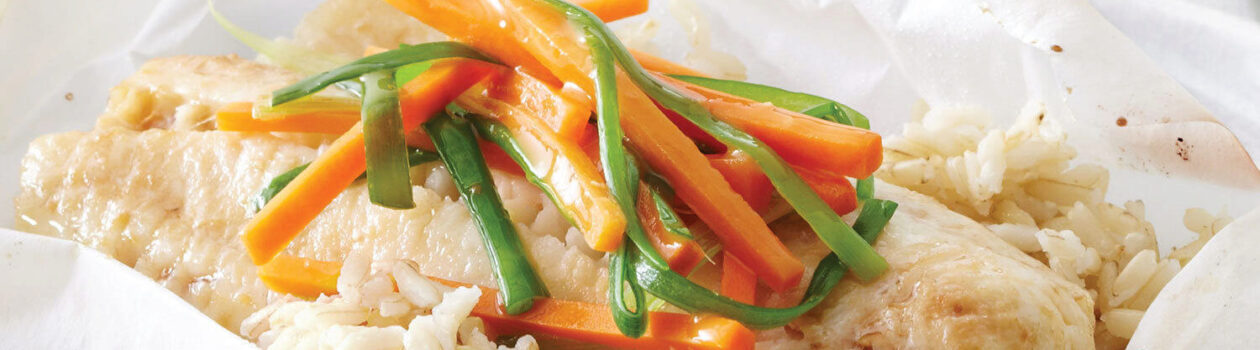 Steamed Ginger Cod Packets with Rice Vegetables