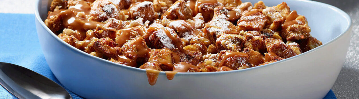 Walnut Bread Pudding with Vanilla Caramel Sauce