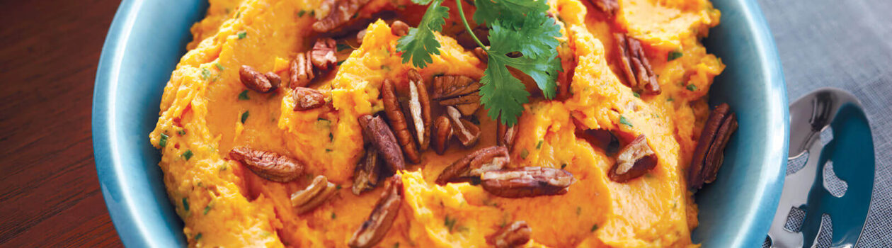 creamy chive onion sweet potato mash pecan topping