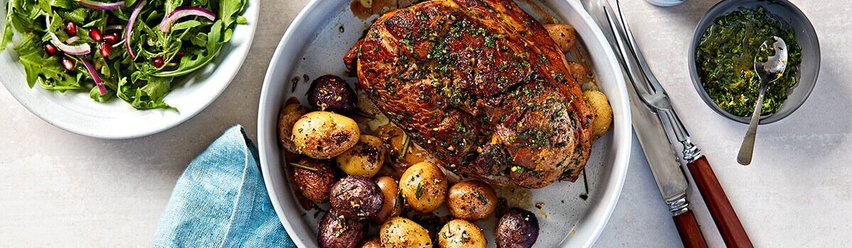 Roasted boneless leg of lamb with mint pesto