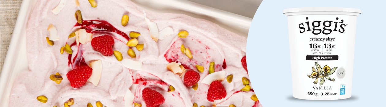 Frozen yogurt bars with a raspberry swirl, topped with fresh raspberries and pistachios.